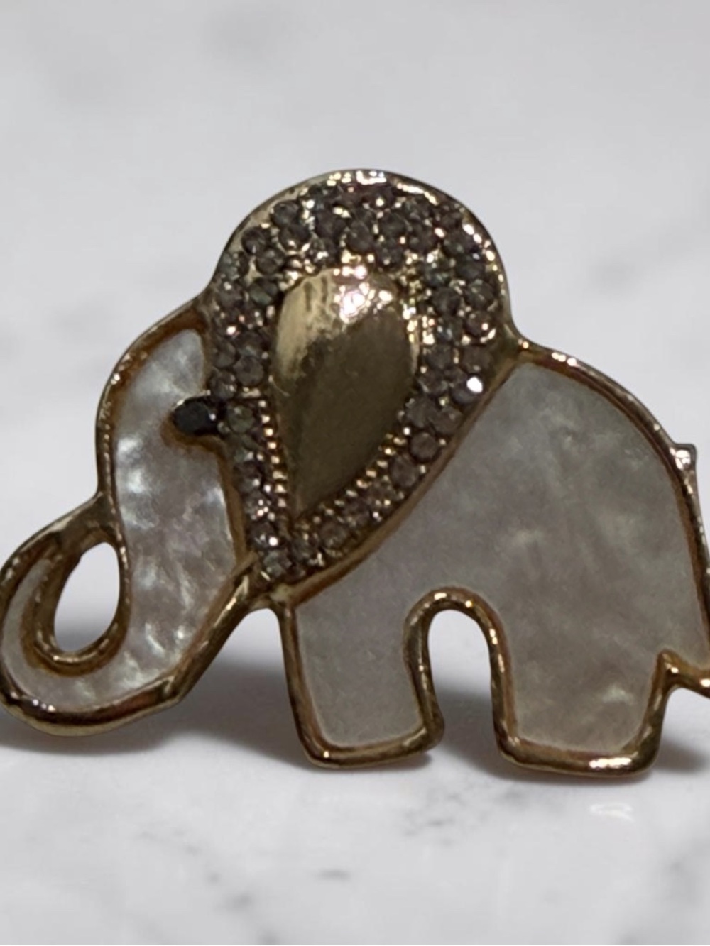 Gold & Mother-of-Pearl Elephant Brooch with Rhinestones